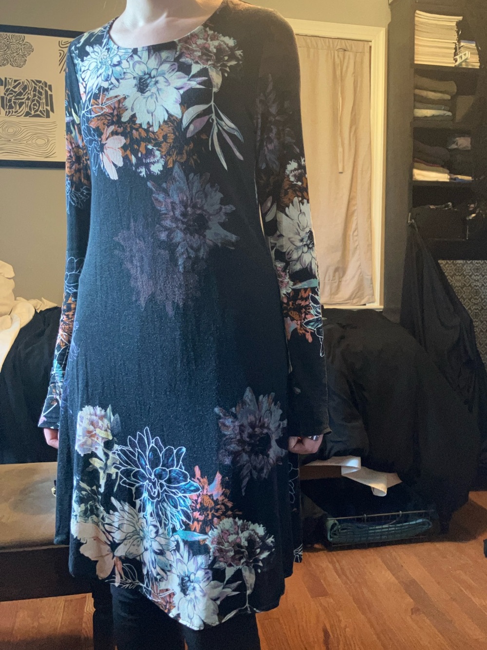 Y2K Love Fire Black Floral Long-Sleeve Dress